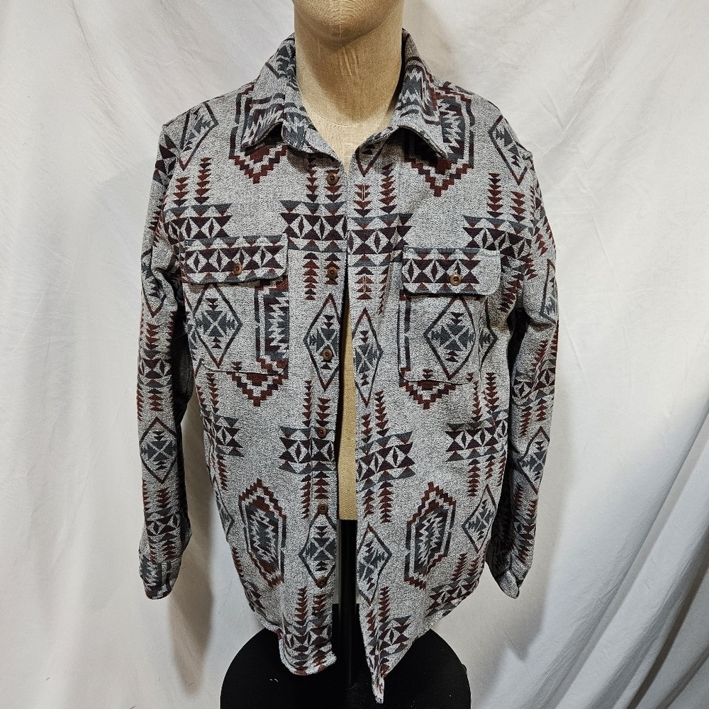Lucky Brand Boulder Creek Shirt Jacket Mens Large Gray Red Southwestern Aztec